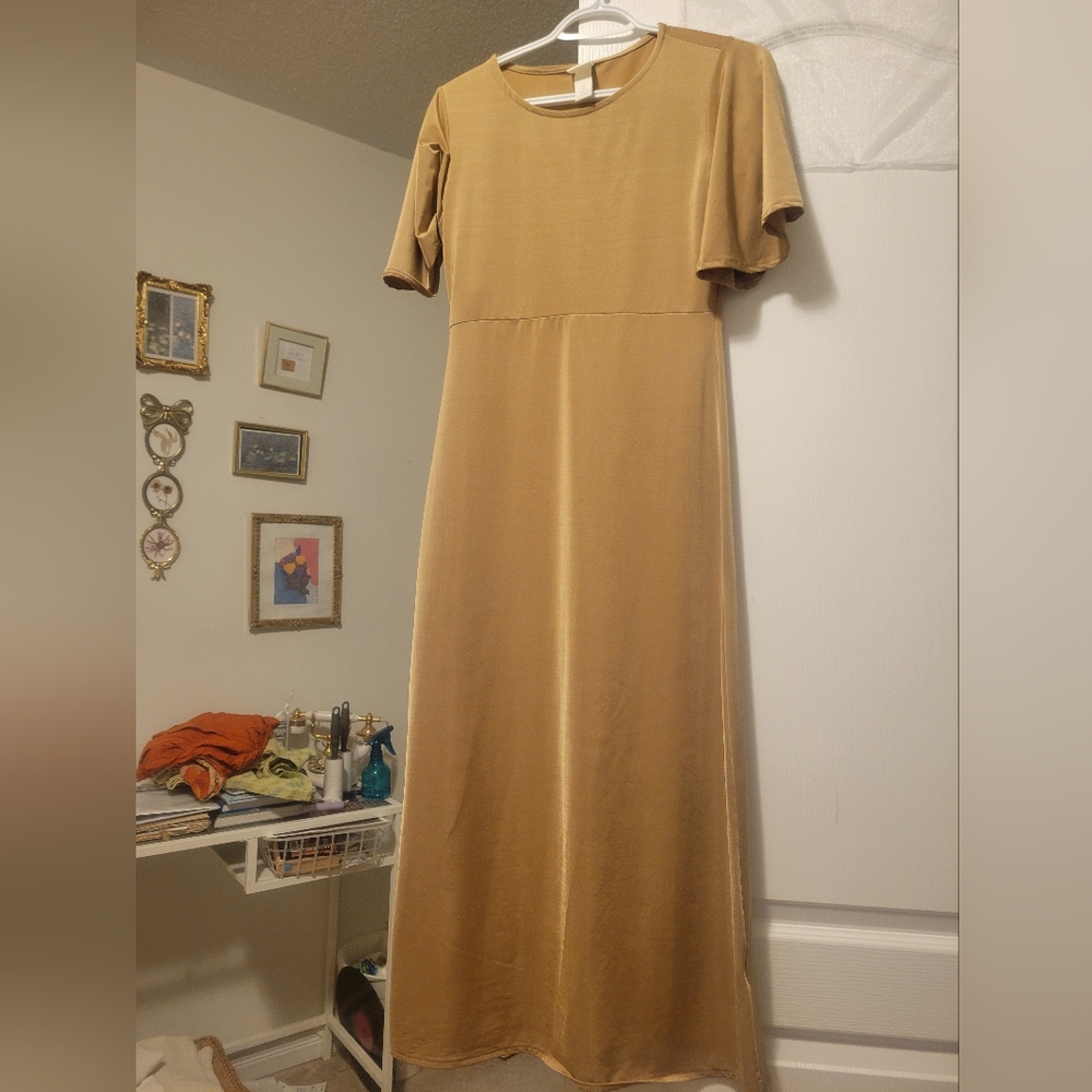 Elegant Tan Dress with Ruffled Sleeves